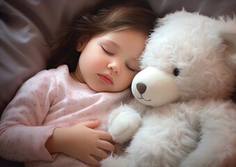 little girl sleeping in bed hugging a teddy bear