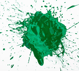 Artistic image of green paint spot spilled on background of white paper, nobody