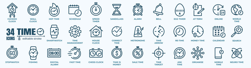 Clock icon. Time icon. 60 icon set Time & Clock. Simple Set of Time Related Vector Line Icons. Time clocks thin line icons.