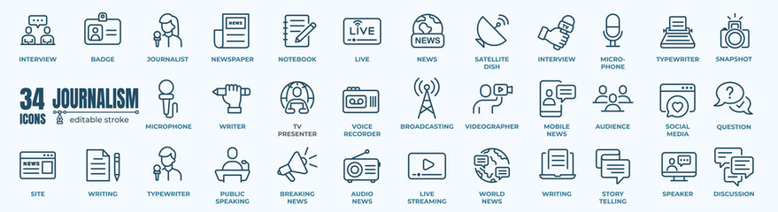 Journalism and mass media icon collection. Vector illustration. Containing a microphone, journalist, press conference and newspaper. - obrazy, fototapety, plakaty