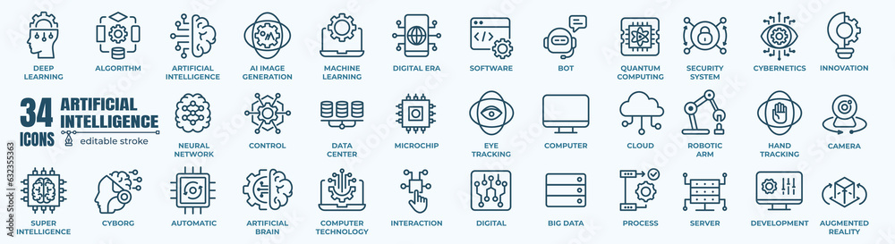 Wall mural artificial intelligence and machine learning icon set. vector graphic illustration.