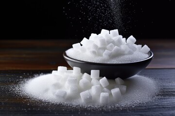 Fototapeta na wymiar granulated sugar and refined sugar on the table on a black background