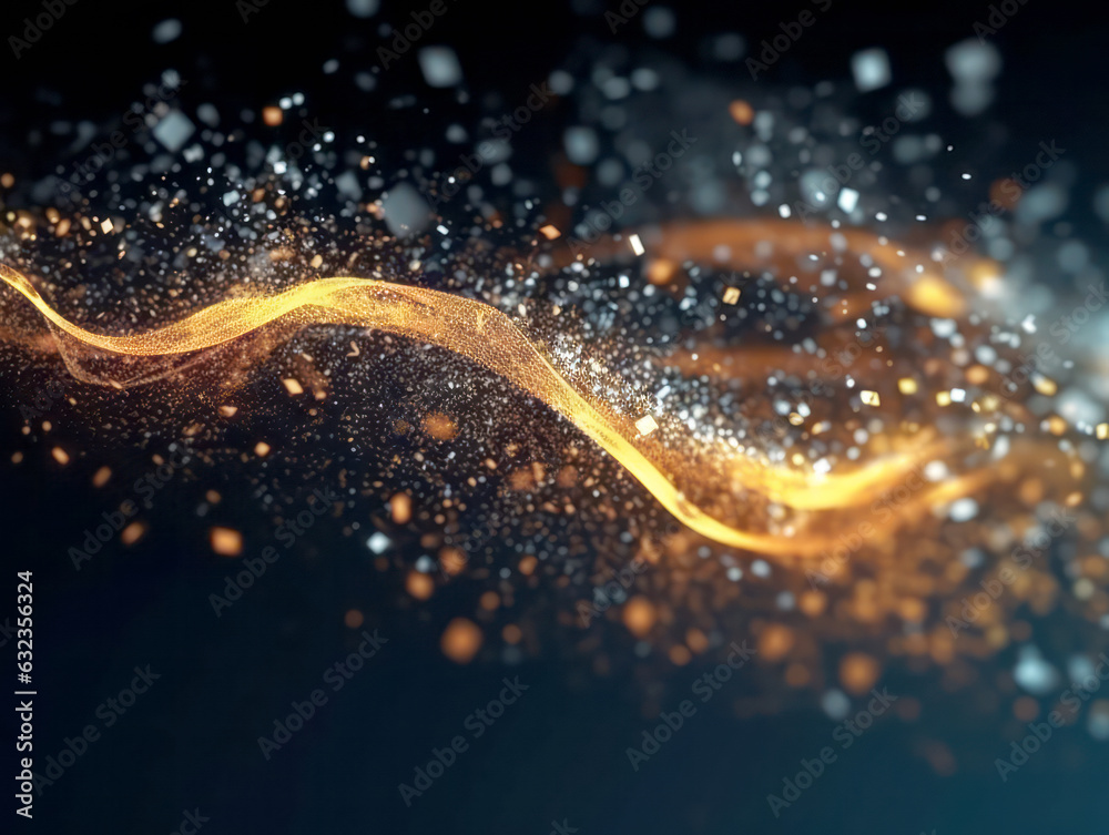 Poster abstract golden glittering particles on black background. generative ai