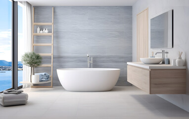 Fototapeta na wymiar White luxurious modern large bathroom interior with a blue mosaic, a white and blue floor, an oval tub, a double sink and a mirror, Nordic style, AI Generated