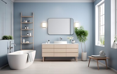 White luxurious modern large bathroom interior with a blue mosaic, a white and blue floor, an oval tub, a double sink and a mirror, Nordic style, AI Generated