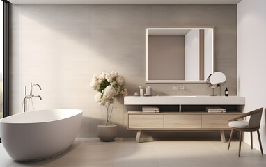 White luxurious modern large bathroom interior with a marble gray stone walls, a white and brown floor, an oval tub, a double sink and a mirror, Nordic style, AI Generated