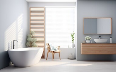 Fototapeta na wymiar White luxurious modern large bathroom interior with a marble gray stone walls, a white and brown floor, an oval tub, a double sink and a mirror, Nordic style, AI Generated