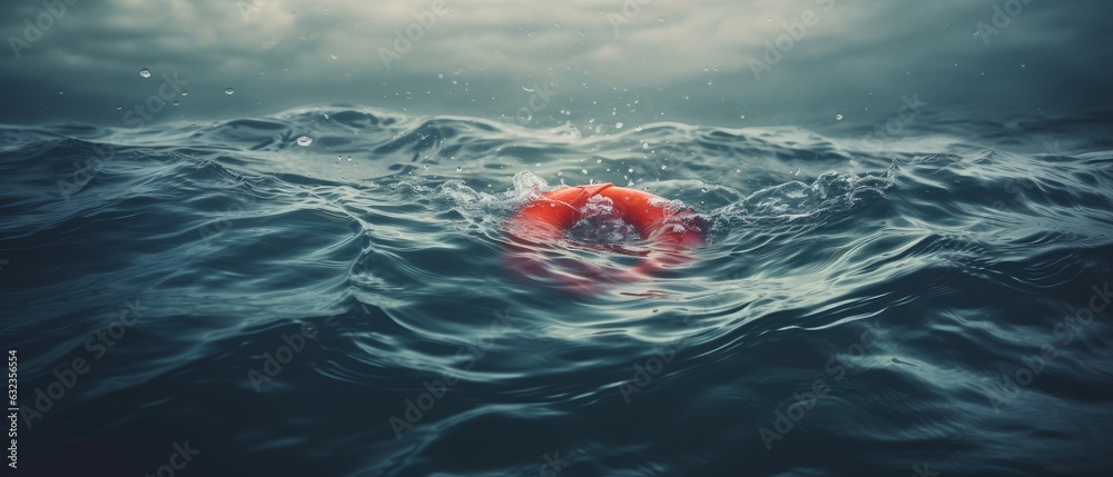 Wall mural Lifebuoy floats in rough sea waters. Safety and rescue concept. Generative AI