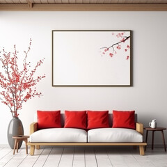Japanese themed interior with red and white sofa and cherry blossom art. Created using generative AI