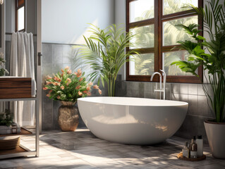 Fototapeta premium Bathroom interior with a large white bathtub standing near the window. Generative AI