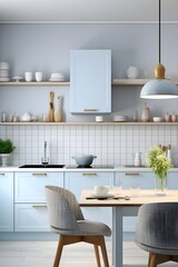 Modern elegant kitchen stock photo, blue, pink and brown pastel colors, nordic, minimalistic style, white, cozy, AI Generated