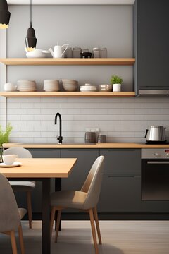 Modern elegant kitchen stock photo, black, gray and brown colors,  Nordic style, white, wooden furniture, AI Generated