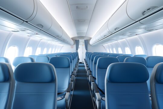 Rows of empty seats on airplane, modern new interior, bright lighting, white and blue colors, futuristic, advertisement, aerial transport, AI Generated