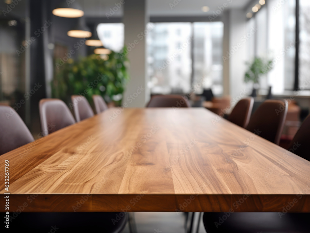 Poster empty wooden table and chairs in a modern meeting room, product display montage. generative ai