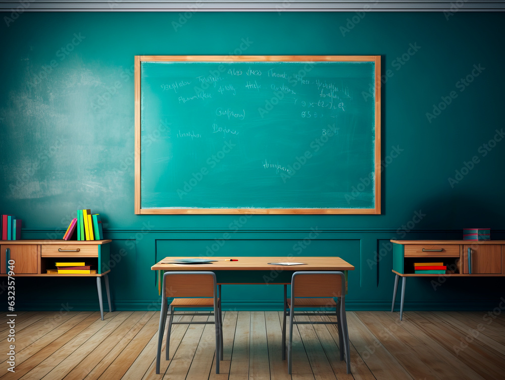 Poster school classroom interior with empty chalkboard. mock up. generative ai