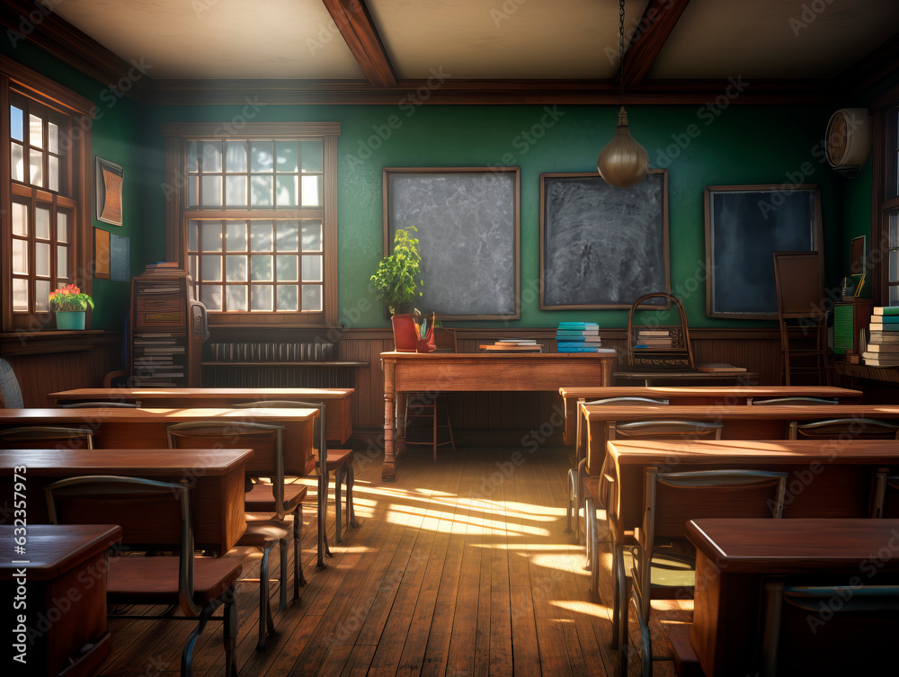 Poster interior of an old school classroom with tables and chairs. generative ai