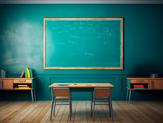 School classroom interior with empty chalkboard. Mock up. Generative AI