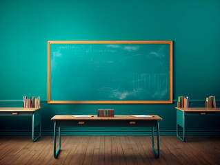 Empty school classroom with chalkboard and green wall. Education concept. Generative AI