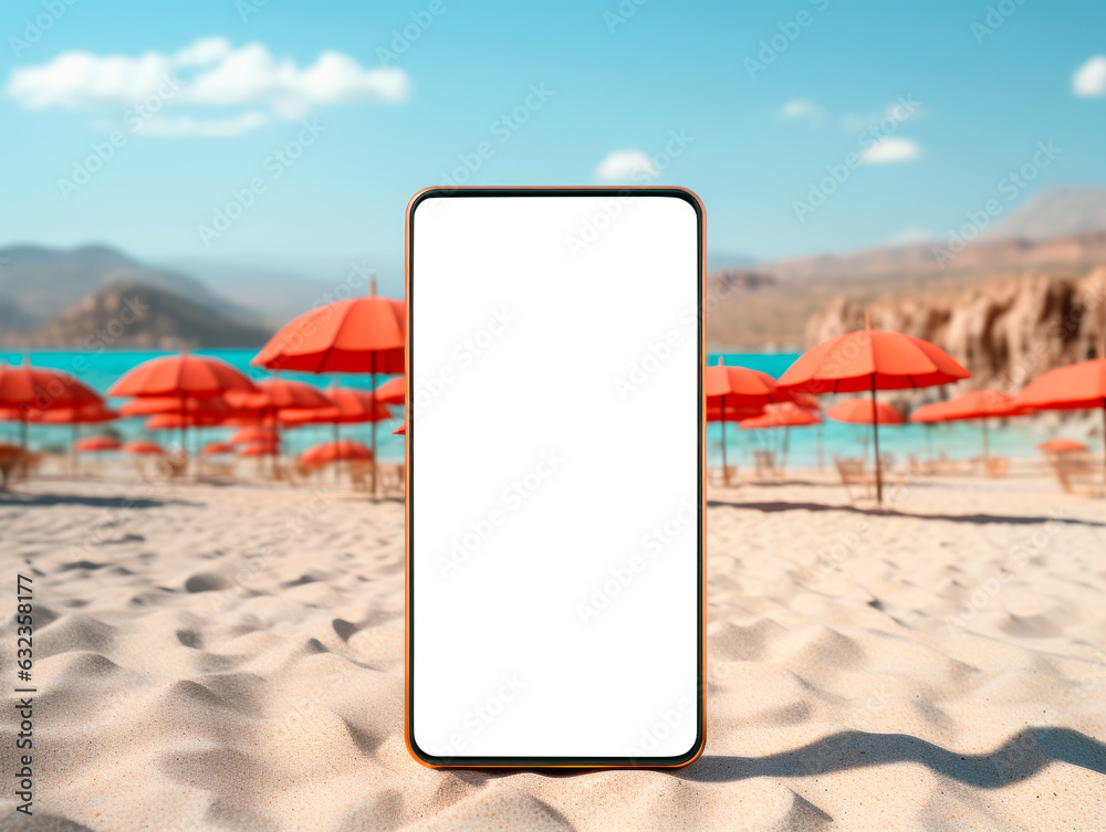 Poster mobile phone with white screen on sandy beach with umbrellas. mockup. generative ai