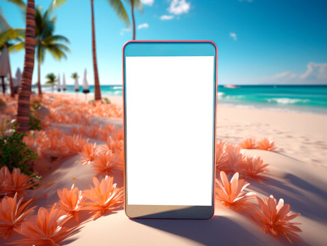 Mobile phone with white screen on tropical beach. Generative AI