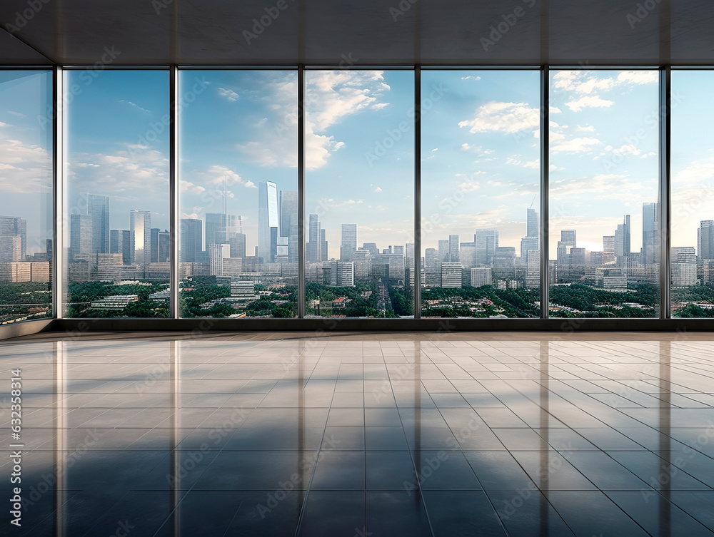 Poster cityscape and skyline from empty room with glass wall. generative ai