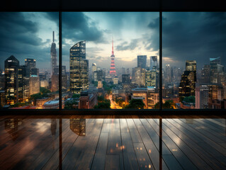 Fototapeta na wymiar Skyline seen through a glass window. Generative AI