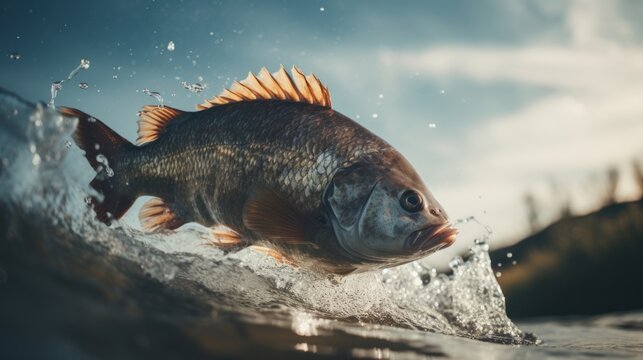 A large fish leaping from water's surface. Generative AI