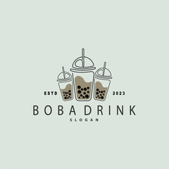 Boba Drink Logo, Milk Tea Cute Boba Pearl Jelly Drink Bubble Vector Simple Minimalist Design