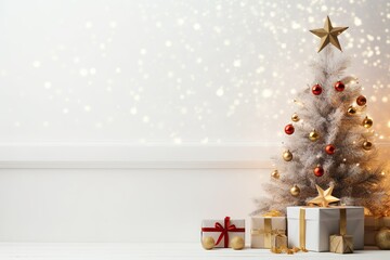 christmas and new year background - gift boxes and stars near decorated christmas tree and copy space over white wall with lights