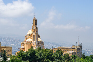 lebanon Jounieh Beirut cityscape coast landscape high up sky clouds mounatins mediterranean sea - obrazy, fototapety, plakaty