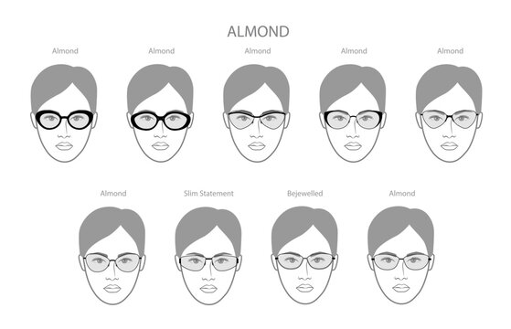 Set of Almond frame glasses on women fashion accessory illustration. Sunglass front view for Men silhouette style, flat rim spectacles eyeglasses with lens sketch style outline isolated on white
