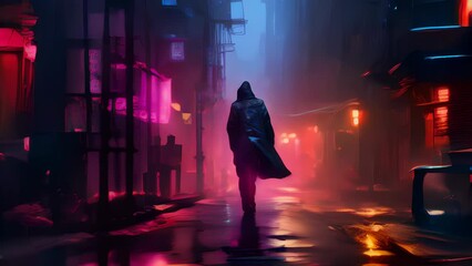 A lone figure walking down the alley with a cybernetic implant glowing beneath their rain slicker. cyberpunk art