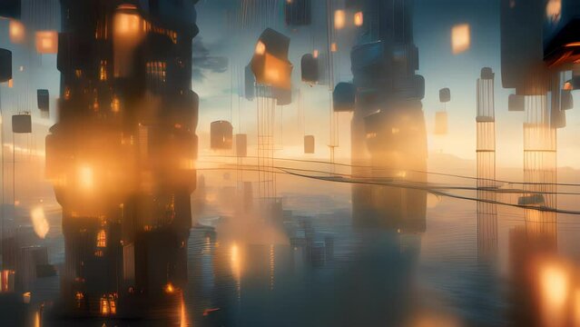 A dystopian cityscape with neonilluminated futuristic skysers and autonomous flying robots. cyberpunk art