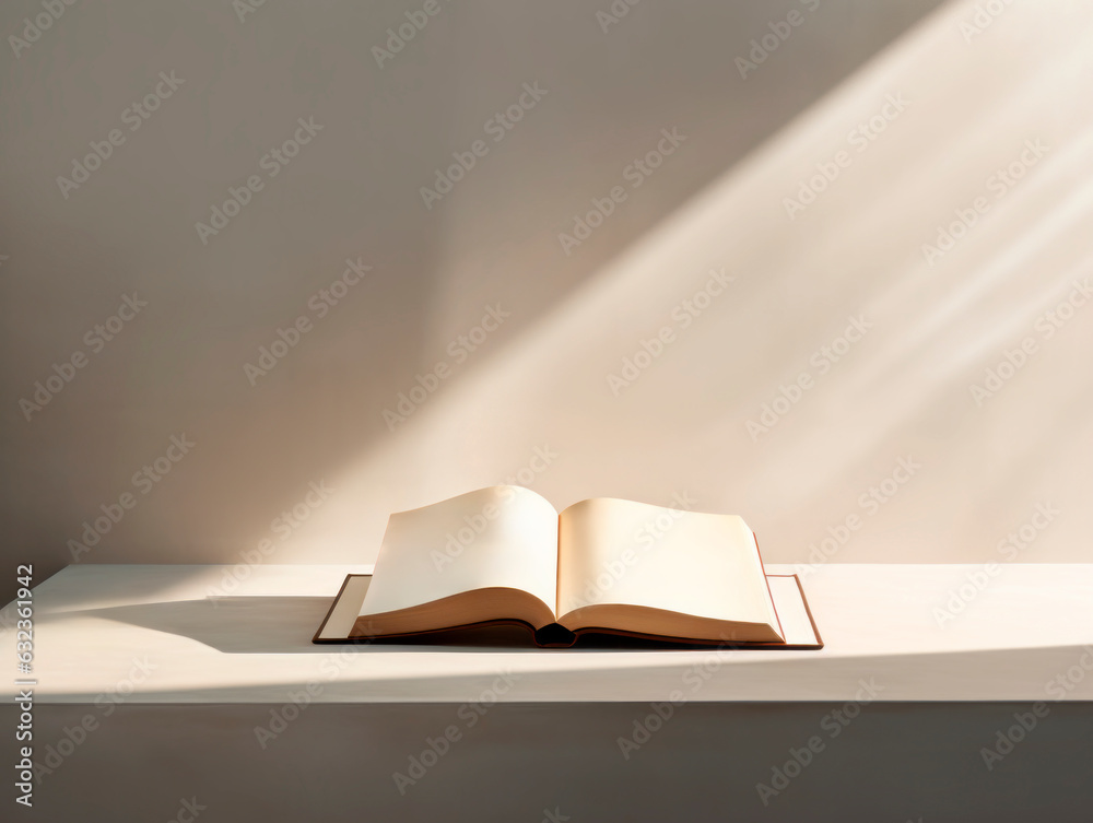 Poster Open book on a white table with shadow from the window in sunlight. Generative AI