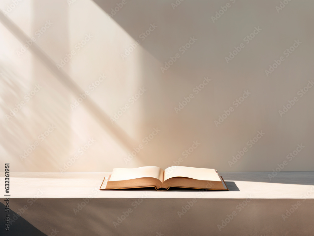 Poster open book on a wooden table in a room with sunlight and shadow. generative ai