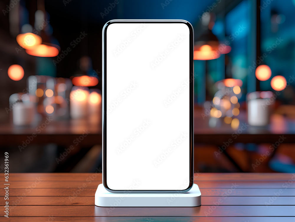Aufkleber mockup smartphone with blank screen on wooden table in cafe. generative ai