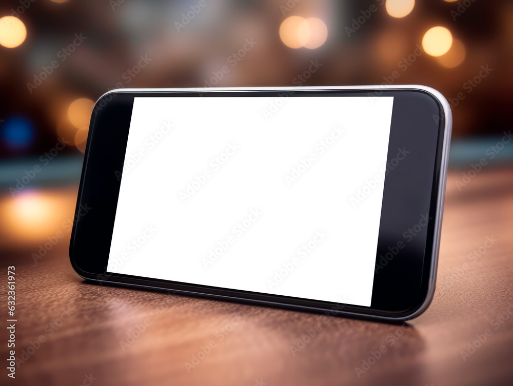 Poster smartphone with blank screen on wooden table in cafe. generative ai