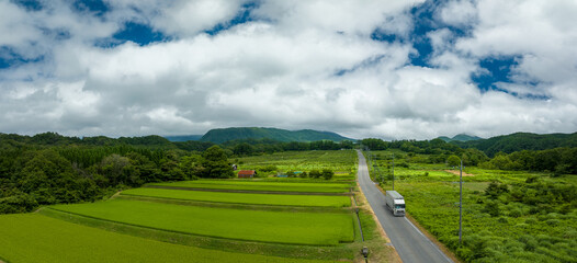 Cargo truck on open road by terraced rice fields in green countryside - 632362305