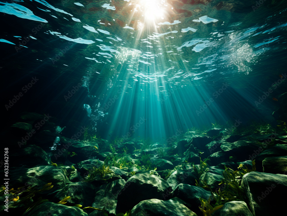 Poster underwater scene with sunbeams and rocks. underwater world. generative ai