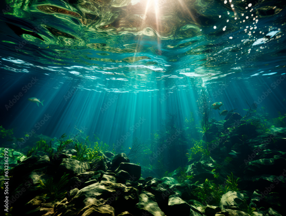 Poster underwater view of the coral reef with sun rays coming through the water. generative ai