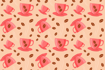 Seamless pattern of coffee beans, fragrant black coffee pattern, coffee shop. Light coffee background pattern in flat style, coffee beans and cup of coffee.