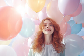 Beautiful young woman in front of colorful balloons. Fun, love, party concept. Ai generative, illustration. 