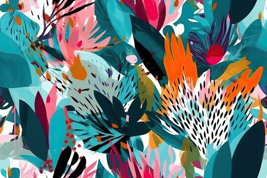 Fototapeta Bright foliage and plants in a summertime tropical motif on a white backdrop. Contemporary abstract pattern for textiles, paper, and home furnishings. Summertime Hawaiian color. Generative AI