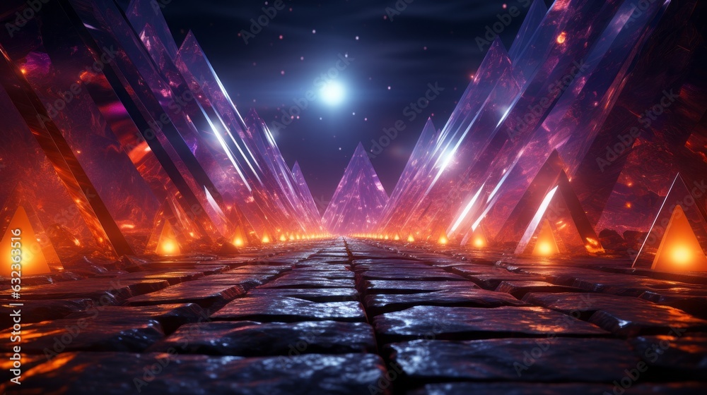 Wall mural an unusual and futuristic background with triangular light shapes in bright colors. generative ai.