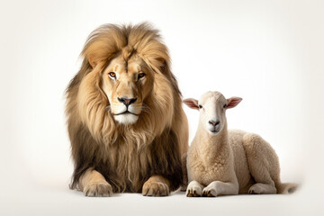 Obraz premium Lion next to a sheep, Jesus Christ concept. Generative AI