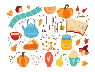 Hello Autumn Flat Collection. Vector Design Elements Set. Cute Cartoon Fall Scarf, Pumpkin Pie, Hot Tea, Book, Kettle and Leaves.