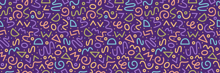 90s Seamless Pattern Squiggle Random Pattern. Abstract Purple Colorful 
fun Scribble Doodle Background.