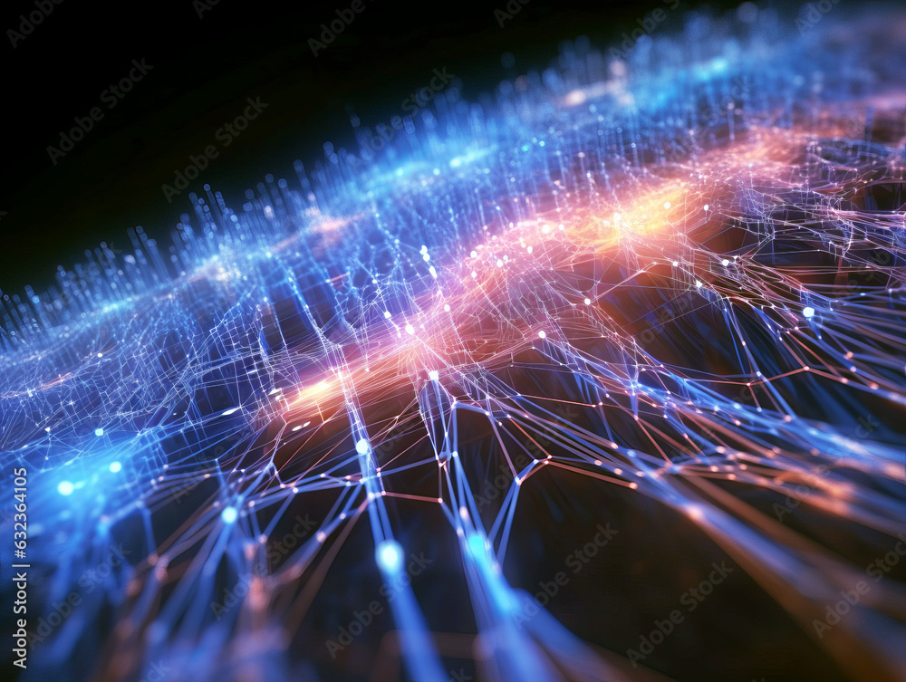Poster futuristic technology wave with glowing lines and dots. generative ai