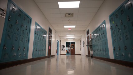 Low angle view down a long empty high school corridor hallway lined with student lockers.