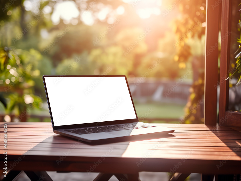 Poster laptop with blank screen on wooden table in coffee shop with nature background. generative ai